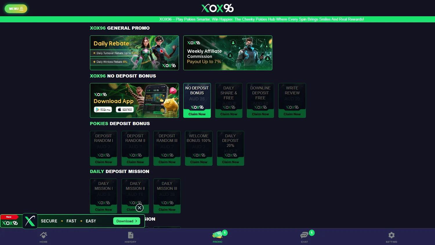 Xox96 Casino desktop promotions area
