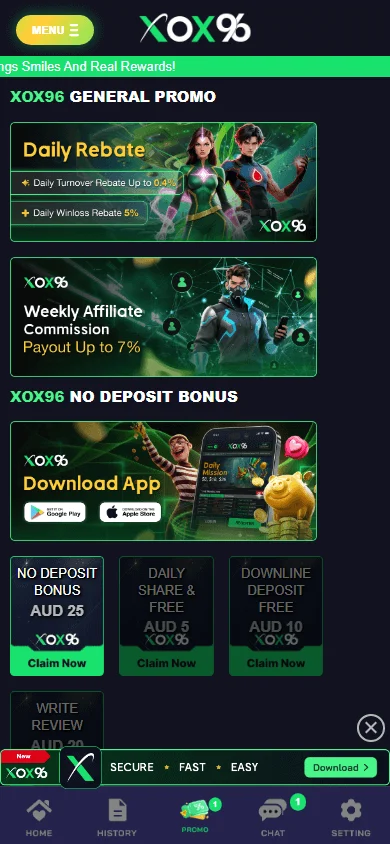 Xox96 Casino mobile promotions area